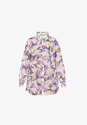 Floral button-up shirt in sheer fabric, featuring purple flowers on a light background, long sleeves, and a classic collar with buttons.