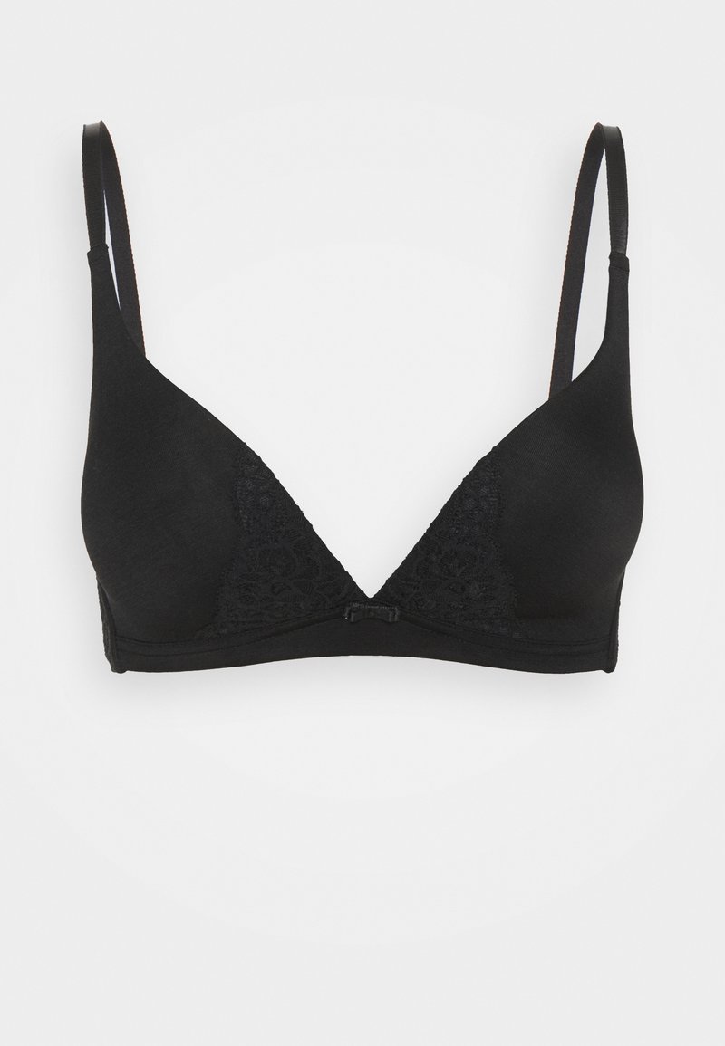 Black triangle bra made of smooth fabric, featuring lace accents on the cups, adjustable straps, and a hook-and-eye closure.