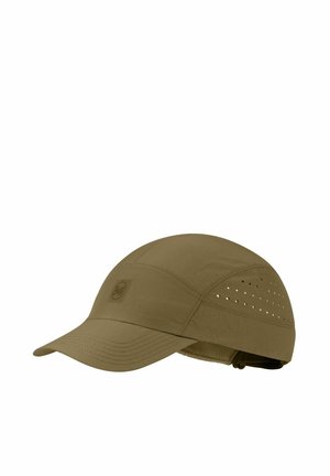 Light brown sports cap with perforated side panels, curved brim, and adjustable strap at the back.