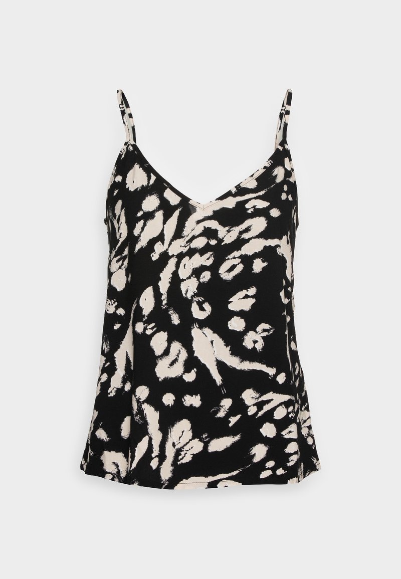 Camisola astratta in bianco e nero con stampa leopardata, dotata di spalline sottili e scollatura a V, su sfondo semplice.
