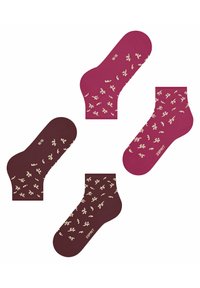 Cztery pary skarpetek kostkowych w odcieniach wina i różu, zdobionych kremowym wzorem kwiatowym. Gładka tekstura z delikatnym logo na skarpetkach.