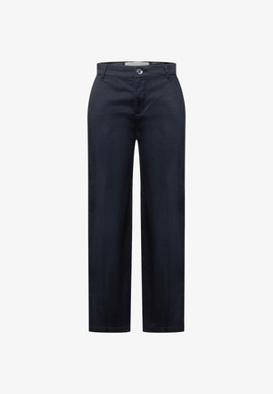 Marineblaue Hose mit geradem Bein, Knopf- und Reißverschluss, Gürtelschlaufen und vorderen Taschen vor weißem Hintergrund.