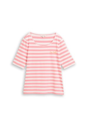 Różowo-biały, poziomo paskowany tshirt z krótkim rękawem, okrągłym dekoltem i małym haftowanym napisem na lewej piersi.