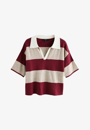 Burgundy og beige stribet kortærmet poloshirt med hvid krave og V-hals-design, lavet af blødt strikket stof.