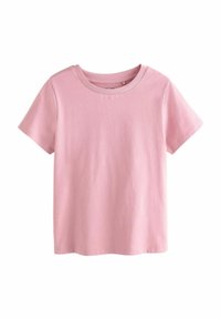 T-shirt rosa a maniche corte in cotone, con scollo tondo e texture liscia, orlo dritto senza motivi o dettagli.