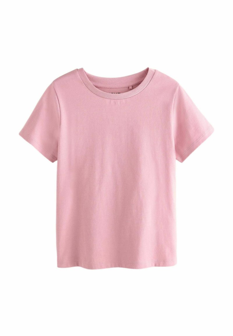 T-shirt rosa a maniche corte in cotone, con scollo tondo e texture liscia, orlo dritto senza motivi o dettagli.