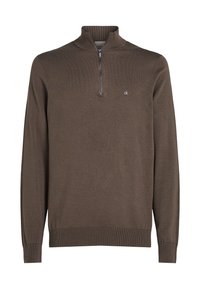 Brauner Pullover mit Reißverschluss und langen Ärmeln, gerippten Bündchen und Saum. Verfügt über ein kleines, dezentes Logo auf der linken Brust. Glatte Textur.