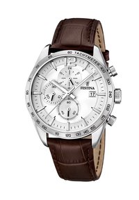 Reloj de pulsera cronógrafo plateado con una esfera blanca, correa de cuero marrón, taquimetro y tres subesferas para el seguimiento del tiempo.