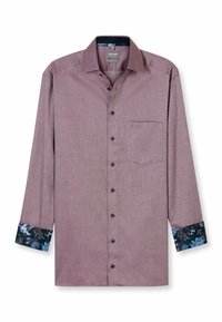 Langärmliges, burgunderfarbiges Hemd mit strukturiertem Finish. Verfügt über schwarze Knöpfe, eine Brusttasche und Manschetten mit floralem Muster in Dunkelblau.