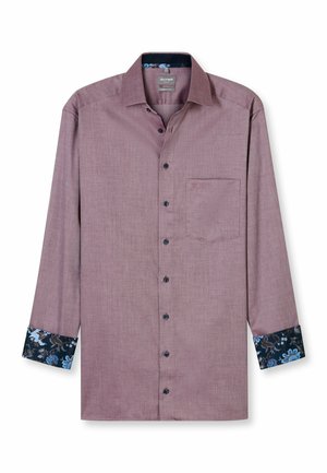 Langärmliges, burgunderfarbiges Hemd mit strukturiertem Finish. Verfügt über schwarze Knöpfe, eine Brusttasche und Manschetten mit floralem Muster in Dunkelblau.