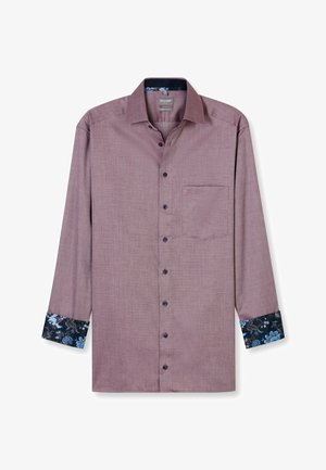 Langärmliges, burgunderfarbiges Hemd mit strukturiertem Finish. Verfügt über schwarze Knöpfe, eine Brusttasche und Manschetten mit floralem Muster in Dunkelblau.