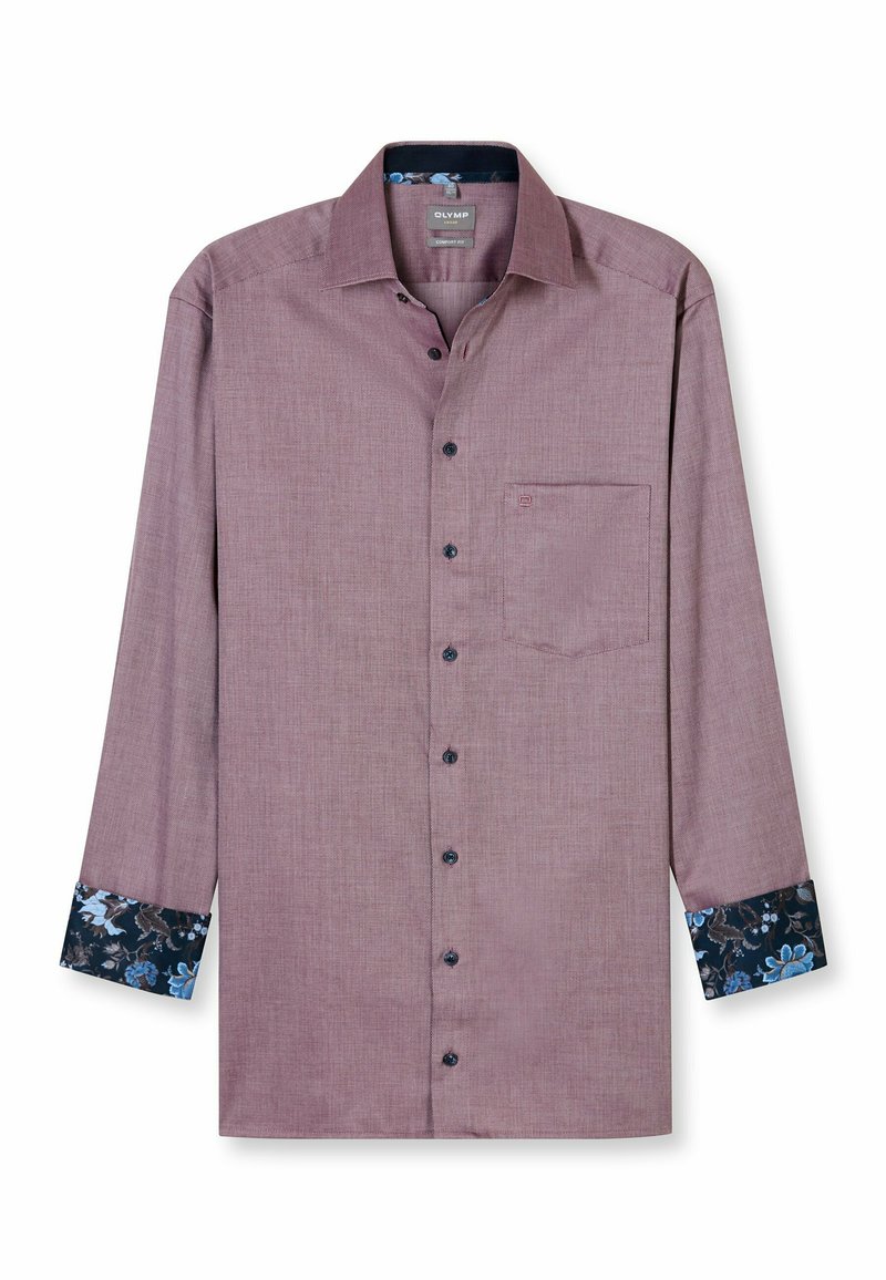 Langärmliges, burgunderfarbiges Hemd mit strukturiertem Finish. Verfügt über schwarze Knöpfe, eine Brusttasche und Manschetten mit floralem Muster in Dunkelblau.