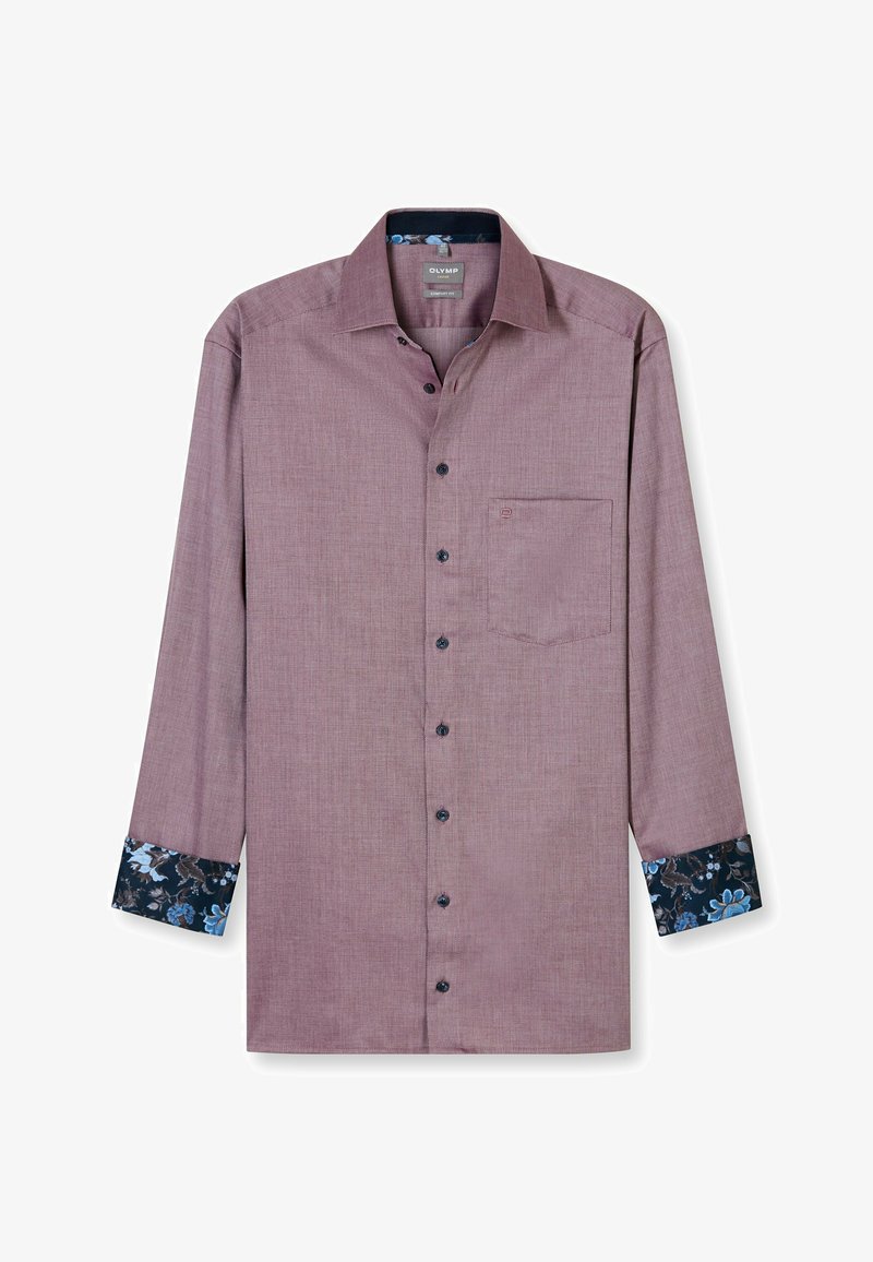 Langärmliges, burgunderfarbiges Hemd mit strukturiertem Finish. Verfügt über schwarze Knöpfe, eine Brusttasche und Manschetten mit floralem Muster in Dunkelblau.