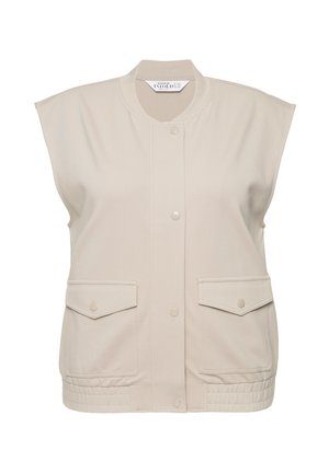 Gilet sans manches beige avec col rond, boutons-pression et deux poches avant. Fabriqué en tissu lisse avec un léger stretch.