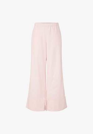 Svijetloružičaste ženske hlače širokih nogavica s elastičnim pojasom i detaljem na rubu, prikazane na bijeloj pozadini.