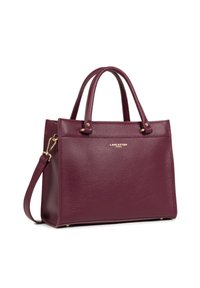 Borsa a tracolla in pelle bordeaux con superficie texture, dettagli in hardware dorato, manici corti e una tracolla rimovibile. Logo del marchio sul davanti.