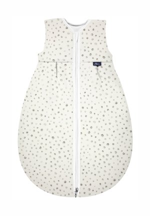 Weißer Schlafsack mit grauen Punkten, weicher Stoff, ärmelloses Design, Frontreißverschluss, abgerundeter Boden und kleines Logotägelchen.