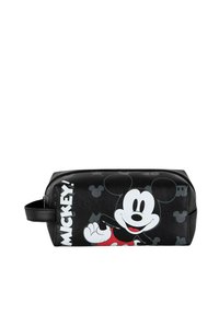 Trousse de toilette noire arborant un design emblématique de Mickey Mouse, en matériau texturé, avec fermeture éclair et anse latérale pour un transport facile.