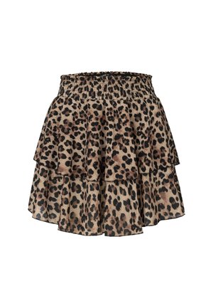 Sukňa s leopardím vzorom, vrstvená s riaseným pásom, ktorá má tri volánové vrstvy v odtieňoch béžovej, hnedej a čiernej.