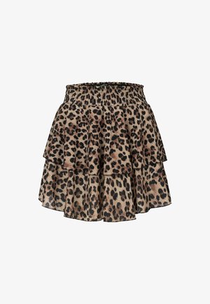 Pūķa raksta kārtota svārku ar smocked jostas joslu, kurā ir trīs ruffles slāņi smilšu, brūnā un melnā krāsā.