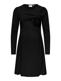 Zwarte zwangerschapsjurk met lange mouwen, een voedingspaneel, een geplooide taille en een ronde halslijn.