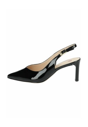 Black patent leather slingback pump with a pointed toe, adjustable buckle strap, and a slender high heel.