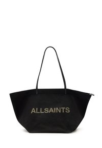 Borsa in tessuto nera con un design spazioso. Logo "ALLSAINTS" in oro ben visibile, due manici lunghi e base piatta.