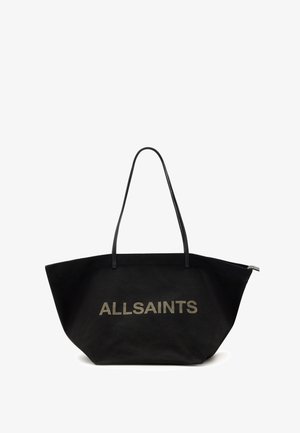 Černá textilní taška s prostorným designem. Výrazné logo "ALLSAINTS" ve zlaté barvě, dva dlouhé ucha a ploché dno.