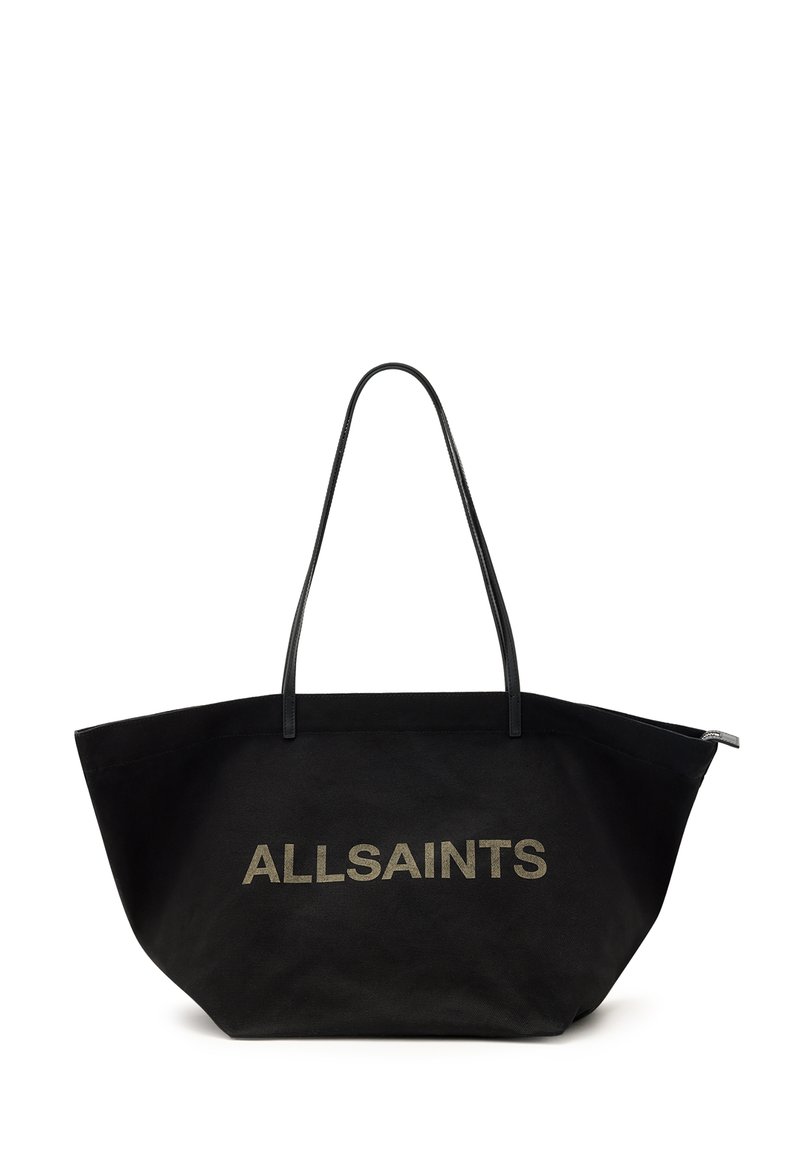 Borsa in tessuto nera con un design spazioso. Logo "ALLSAINTS" in oro ben visibile, due manici lunghi e base piatta.