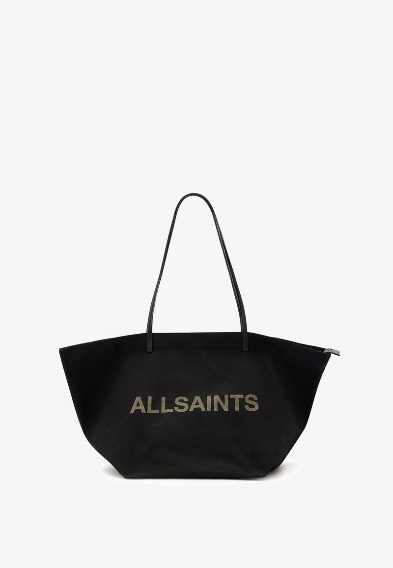 Borsa in tessuto nera con un design spazioso. Logo "ALLSAINTS" in oro ben visibile, due manici lunghi e base piatta.