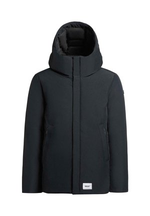 Zwarte geïsoleerde jas met een hoge kraag en capuchon. Beschikt over twee zijzakken met rits en een logo patch aan de onderkant. Gladde textuur, modern ontwerp.