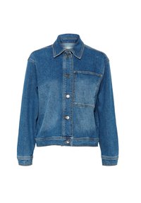 Denim jakna v srednji modri barvi, s sprednjim zapiranjem na gumbe, enim žepom na prsih, dolgimi rokavi in strukturiranim krojem z rahlim bledenjem.