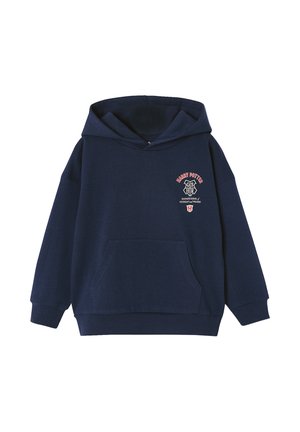 Navy blue hoodie with front pocket, Hogwarts crest, and "Harry Potter" text in red on the left chest area.