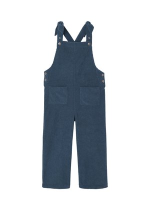 Blue corduroy overalls with wide legs, adjustable shoulder straps tied in bows, front pockets, and side button closures.