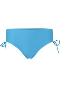 Siniset bikiinit, jotka on valmistettu joustavasta materiaalista. Alusosa on matala vyötärö, jossa on sivuohuet ja kerättyjä yksityiskohtia säätämistä varten.