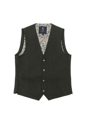 Dark gray wool vest with a notched collar, five buttons, and two front pockets. Floral-patterned lining adds detail to the interior.