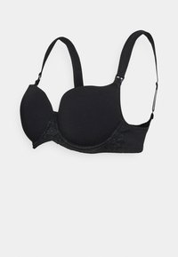 Sutiã preto acolchoado com rendas, alças ajustáveis e uma textura suave. Apresenta uma forma arredondada e um design sem emendas para maior conforto.