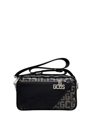 Borsa a tracolla rettangolare nera con motivo logo GCDS grigio, tasca frontale con zip e cursore e ciondolo con logo GCDS color argento.