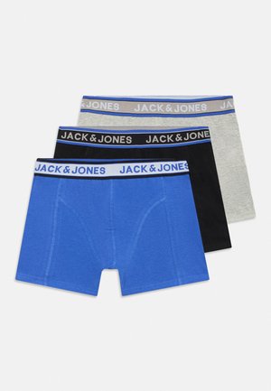 Férfi boxeralsó szett kék, fekete és szürke színekben. Minden egyes darab kontrasztos elasztikus derékpánttal rendelkezik, amelyen vastag betűkkel szerepel a "JACK & JONES" felirat.