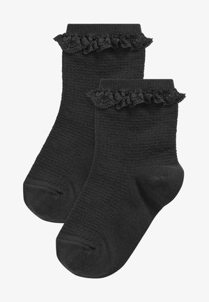 Chaussettes noires jusqu'à la cheville avec un design en tricot texturé et une bordure en dentelle froncée en haut. Tissu doux adapté à un usage décontracté.