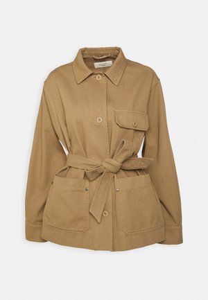 Beige belted jacket with collar, long sleeves, button closure, one buttoned chest pocket, and two large front pockets.
