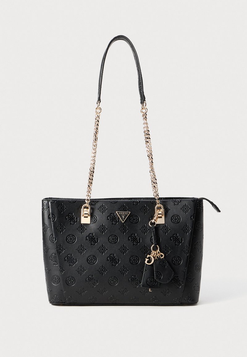 Black tote bag made of embossed synthetic material. Features gold hardware, dual chain and leather straps, and a keychain accessory.
