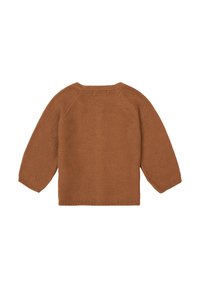 Brun stickad tröja med långa raglanärmar, rund hals och ribbat nederkant. Texturerad yta med en lös passform. Bakifrån visas.
