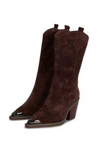 Botas vaqueras de ante marrón con punta afilada, costuras decorativas y un acento metálico en la punta. Tacón grueso con una superficie texturizada.