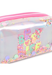 Διάφανη θήκη με ροζ αποχρώσεις, καλυμμένη με πολύχρωμες πολύχρωμες νιφάδες και έντονο κείμενο που λέει «BFF LIFE» με πολύχρωμα γράμματα. Κλείσιμο με φερμουάρ.