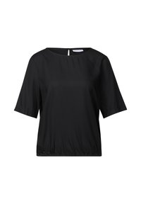 Blusa nera a maniche corte con scollatura quadrata e orlo arricciato. Tessuto liscio, con un'apertura a chiave sul retro.