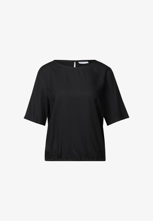 Schwarze Bluse mit kurzen Ärmeln, eckigem Ausschnitt und gerafftem Saum. Glatte Textur, mit einer Schlüssellochöffnung am Rücken.