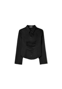 Schwarze Bluse mit langen Ärmeln, Kragen, vorderer Knopfleiste und tailliertem Schnitt, mit Teilungsnähten und cropped Saum.