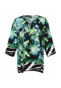 Bluse mit Blumenmuster, kurze Ärmel, schwarzer Hintergrund, lebendige grüne und blaue Blumen sowie einen gestreiften Saum mit grünen Akzenten.