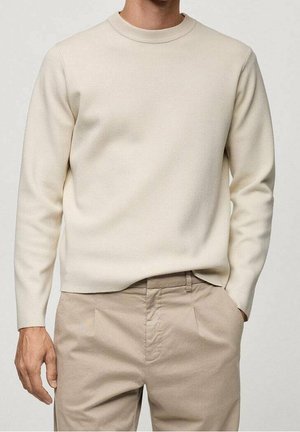 Beżowy sweter z okrągłym dekoltem noszony z jasnobeżowymi plisowanymi spodniami, jedna ręka w kieszeni, na neutralnym tle.